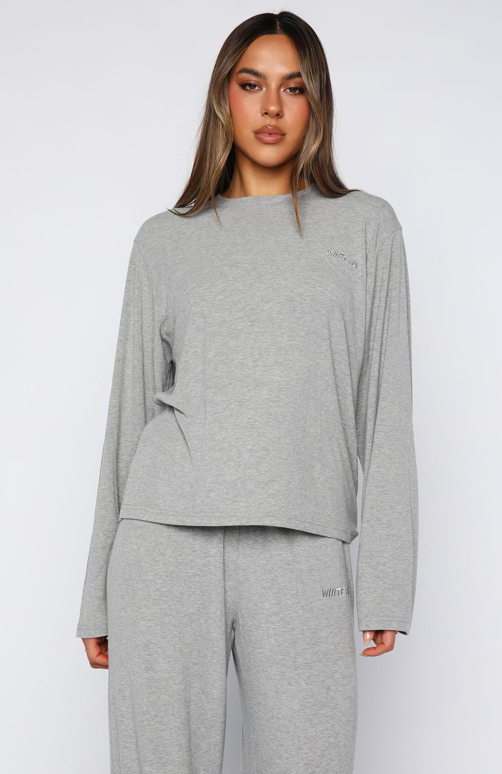 White Fox Come A Long Way Soft Lounge Long Sleeve Ribbed Tee Grey Marle
