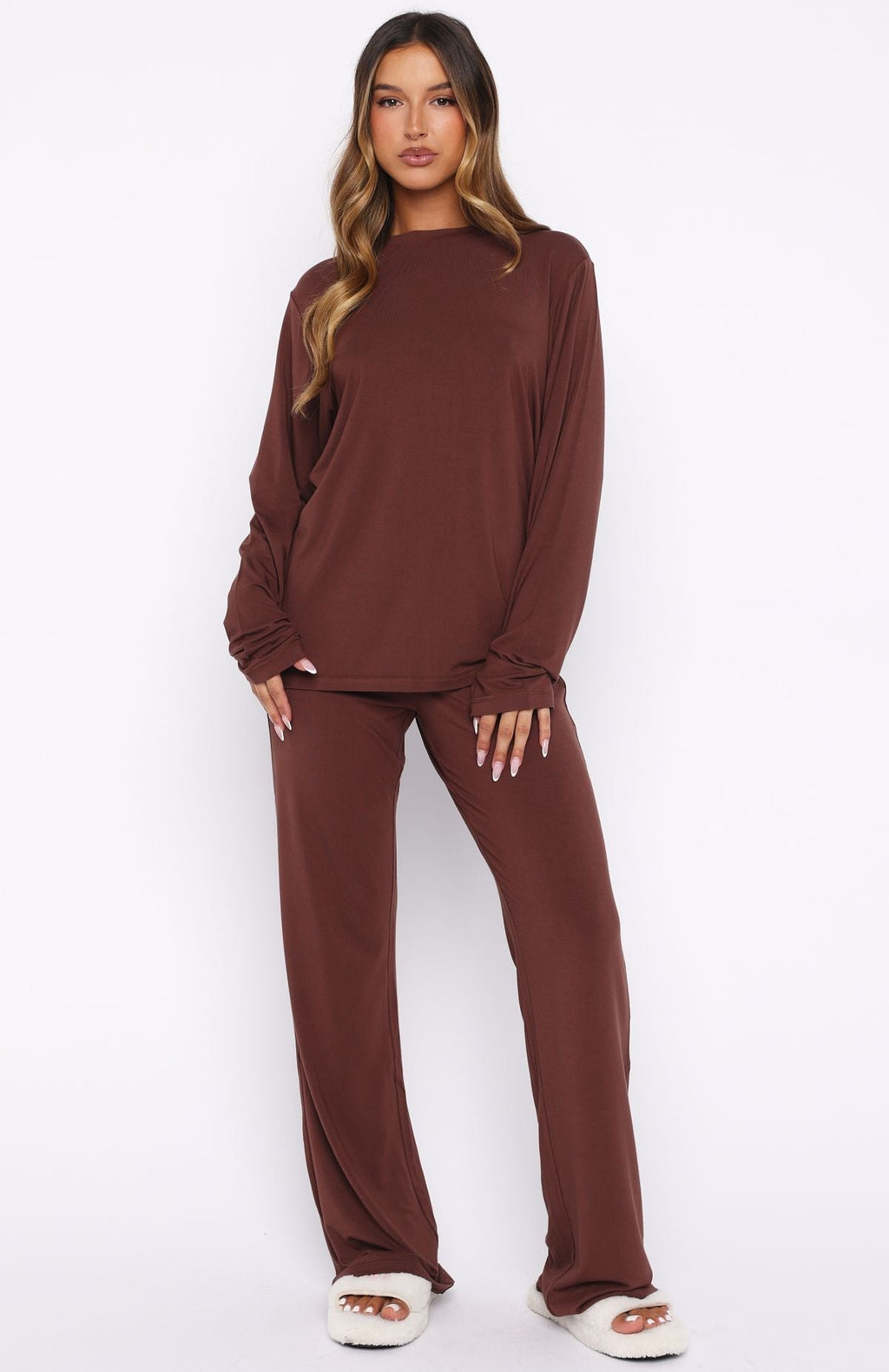 White Fox Slow Life Long Sleeve Pyjama Top Chocolate
