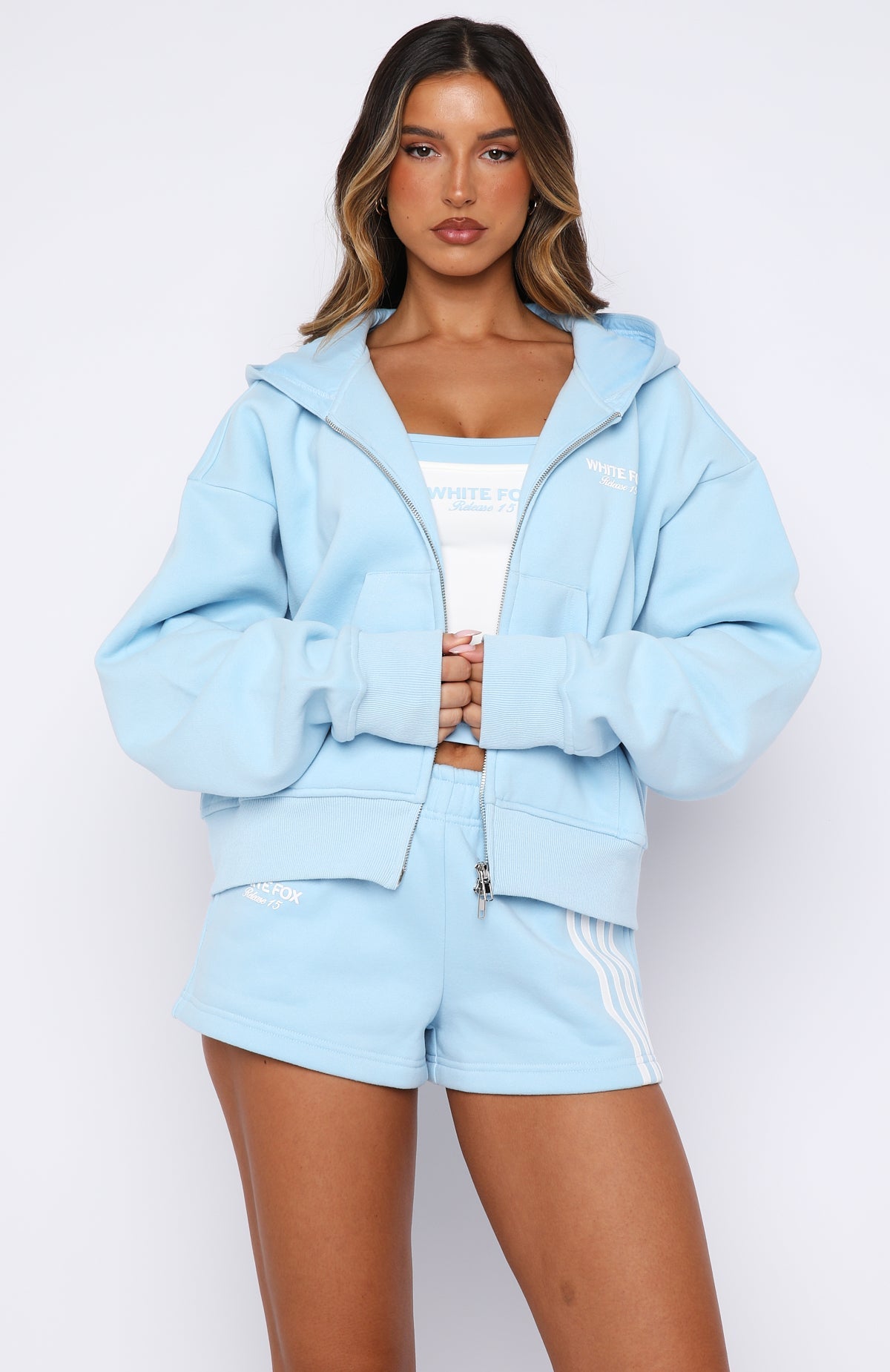 White Fox Release 15 Asalia Boxy Zip Front Hoodie Blue