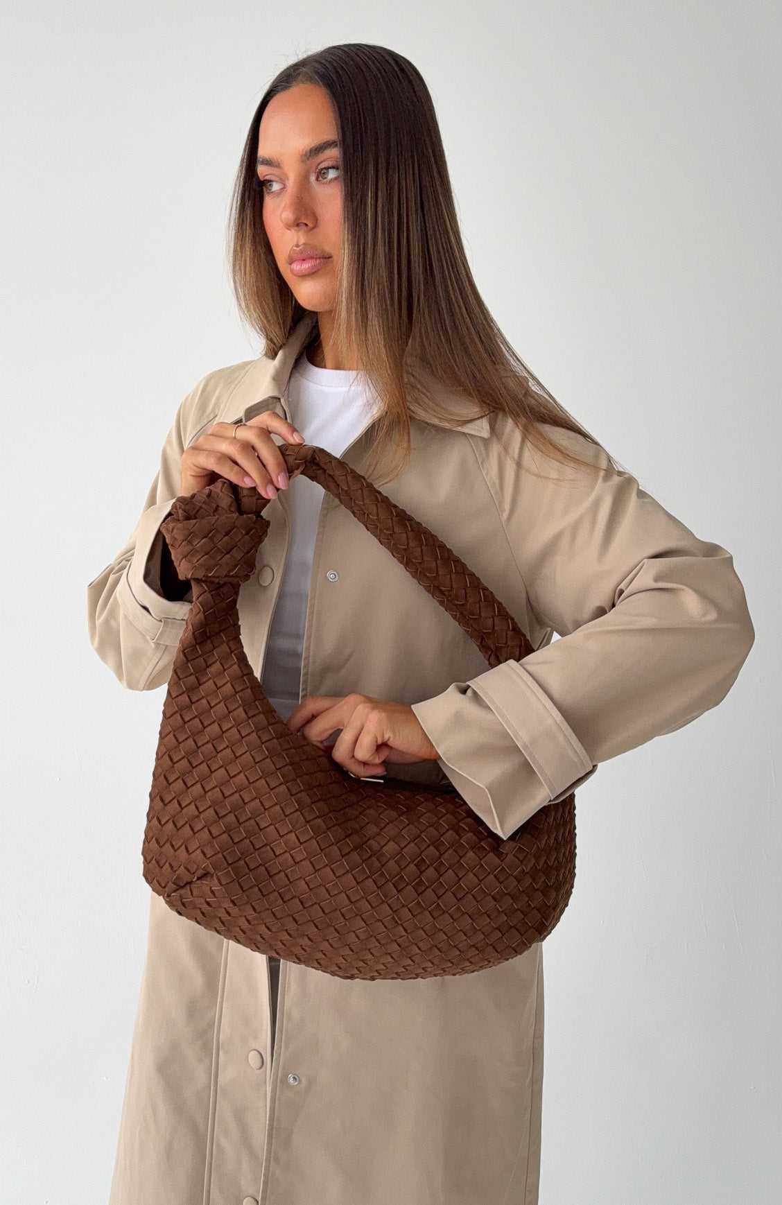 White Fox Lexi Shoulder Bag Chocolate Faux Suede