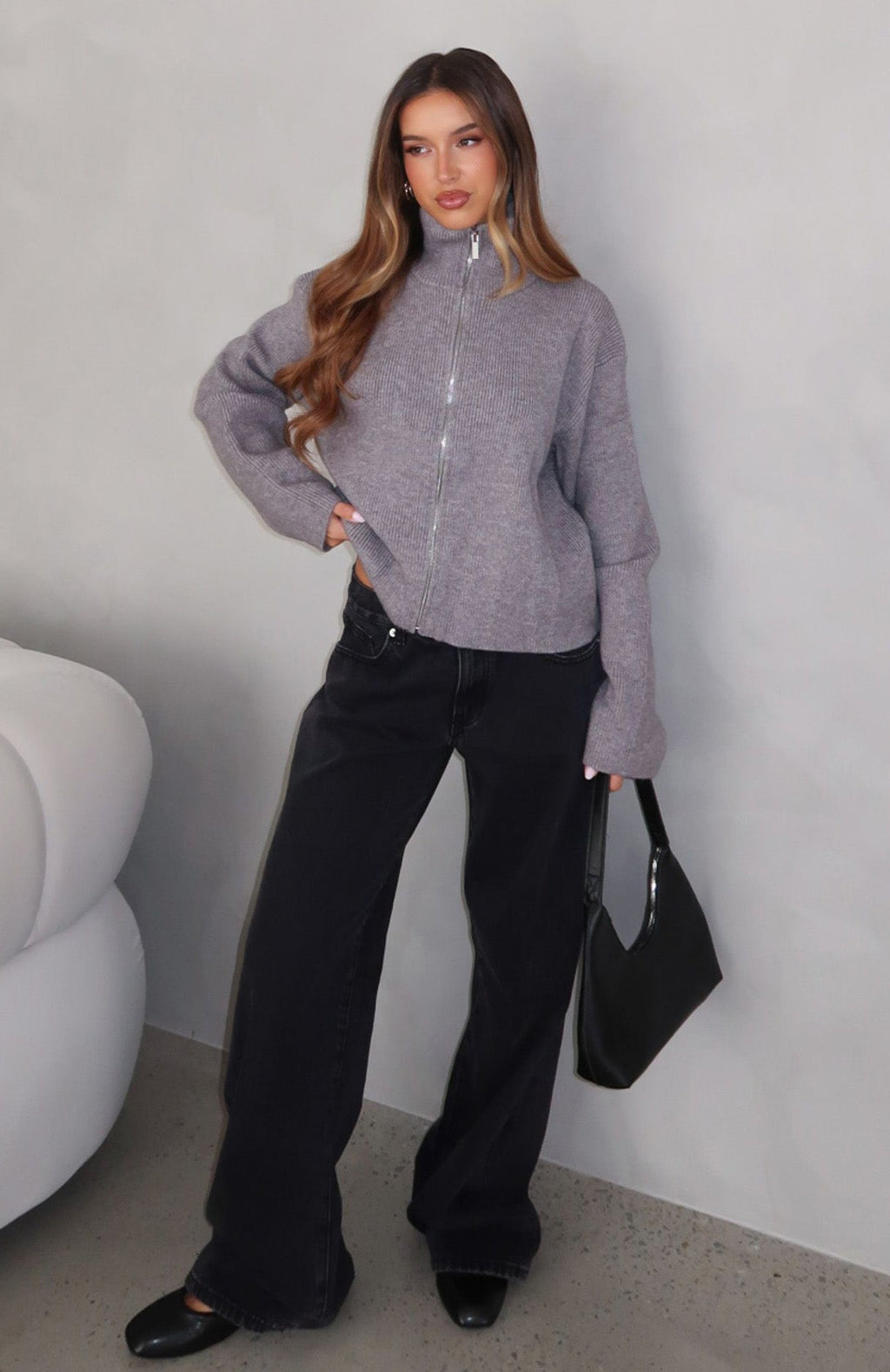 White Fox Violetta Zip Knit Cardigan Smokey Grey
