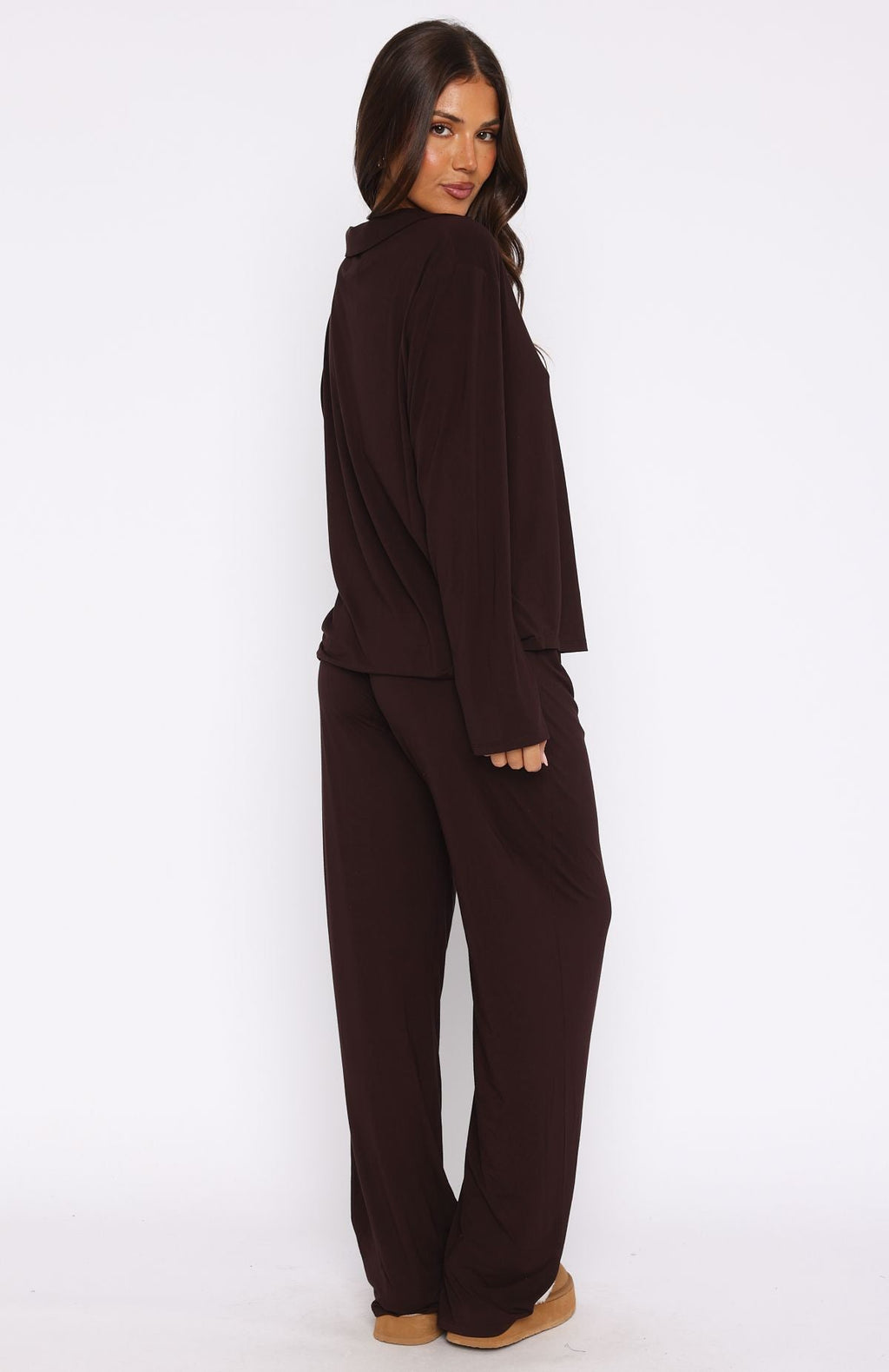 White Fox Pillow Talk Long Sleeve Pyjama Set Chocolate