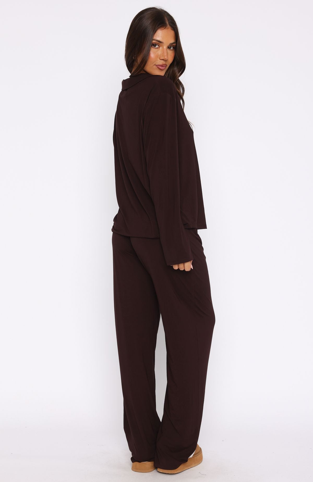White Fox Pillow Talk Long Sleeve Pyjama Set Chocolate