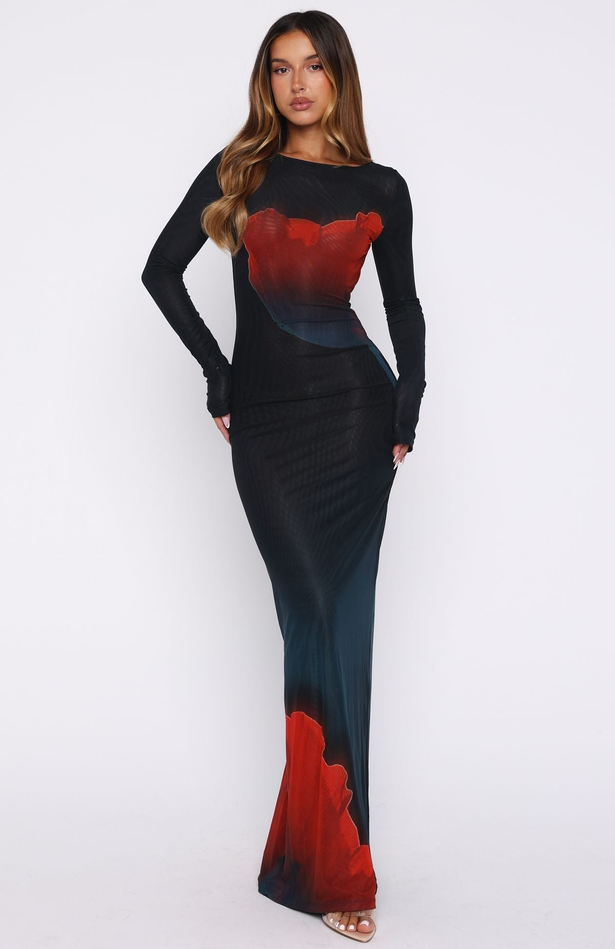 White Fox No Halo Long Sleeve Maxi Dress Midnight Scarlet