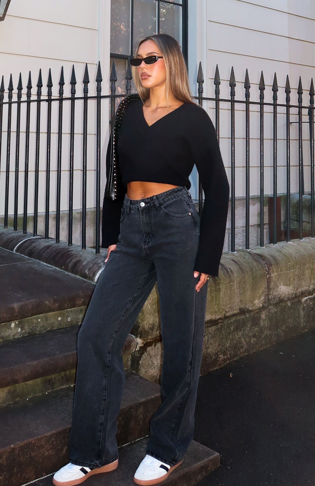 White Fox Bring The Style High Rise Wide Leg Jeans Black Acid