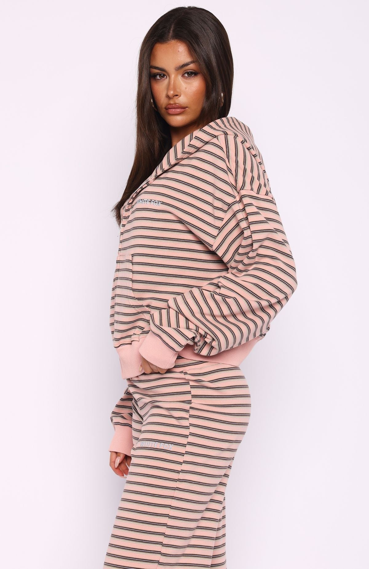 White Fox Looking Back Boxy Zip Front Hoodie Pink Stripe