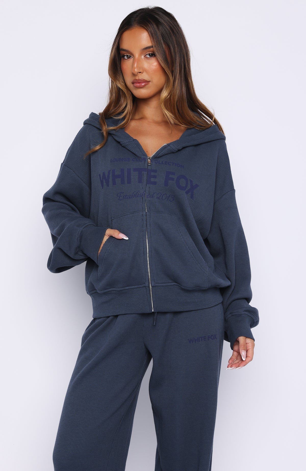 White Fox Leave Me Out Of It Waffle Boxy Zip Front Hoodie Navy