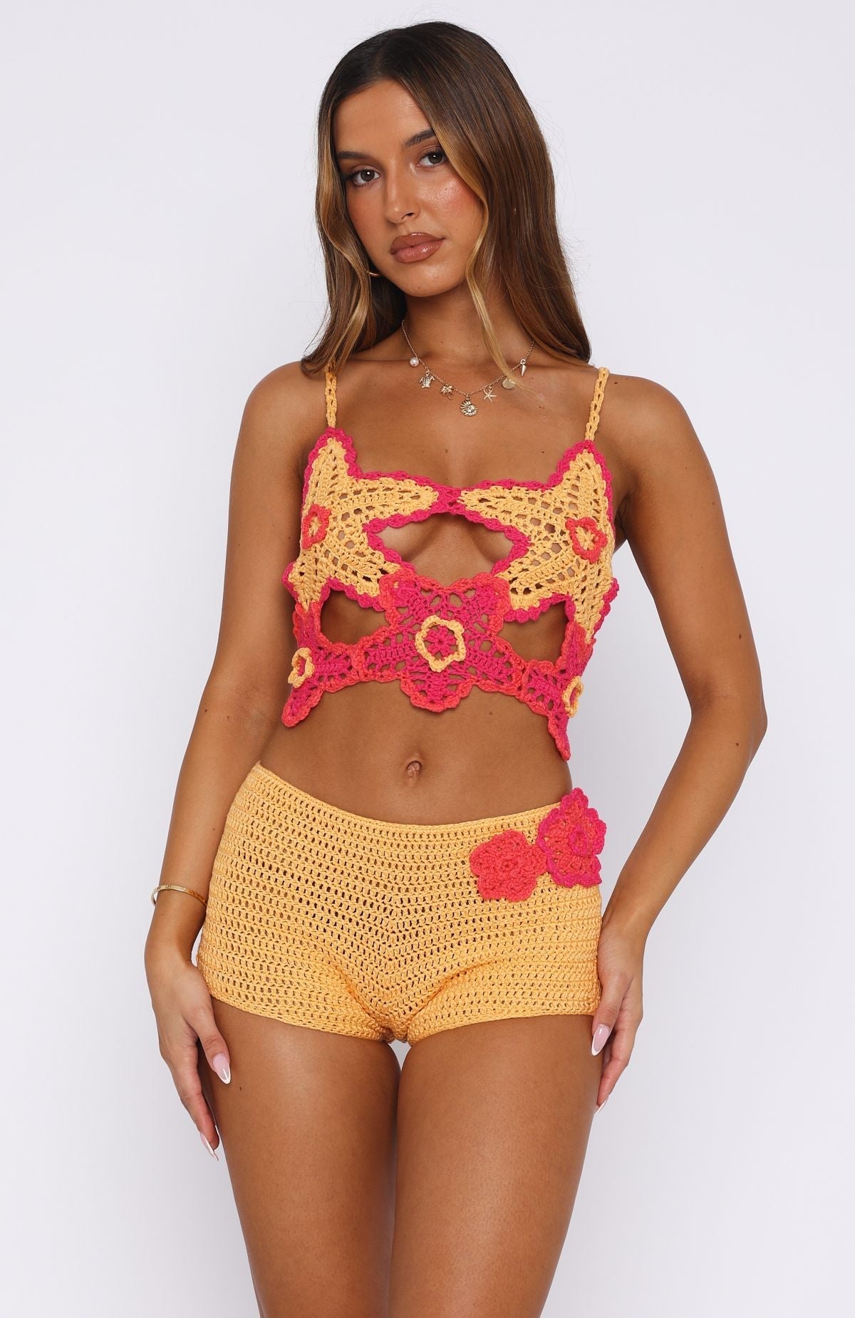 White Fox So Fresh Crochet Top Pastel Orange/Pink