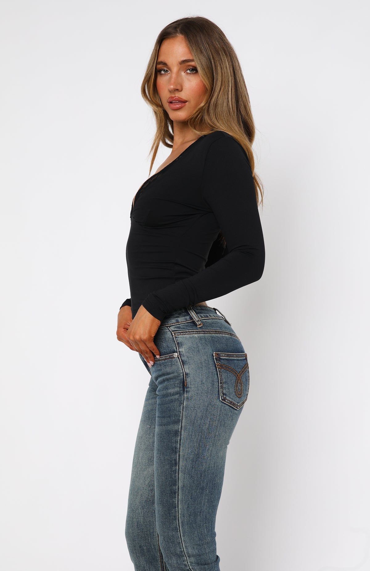 White Fox Knew That All Along Lace Trim Long Sleeve Top Black