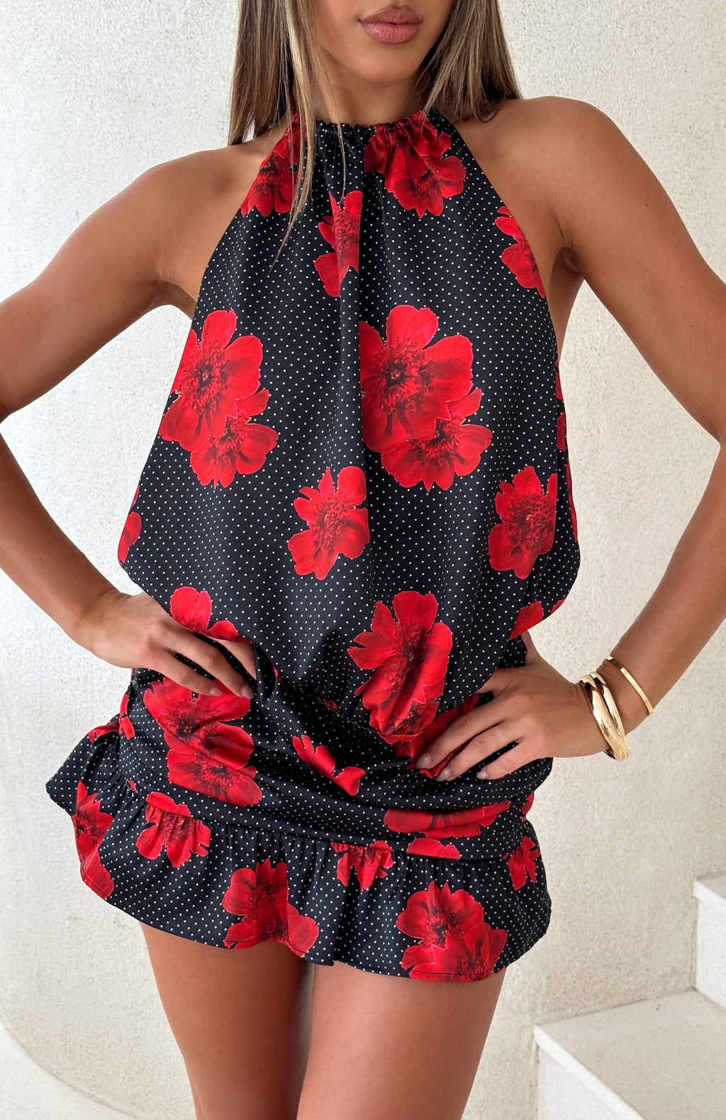 White Fox No Second Thoughts Halter Mini Dress Black Scarlet Bloom