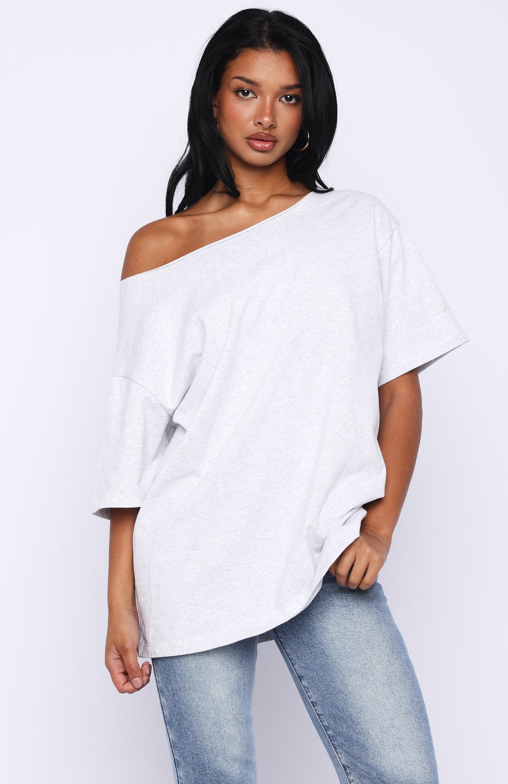 White Fox Give Me Options Off Shoulder Tee Light Grey Marle
