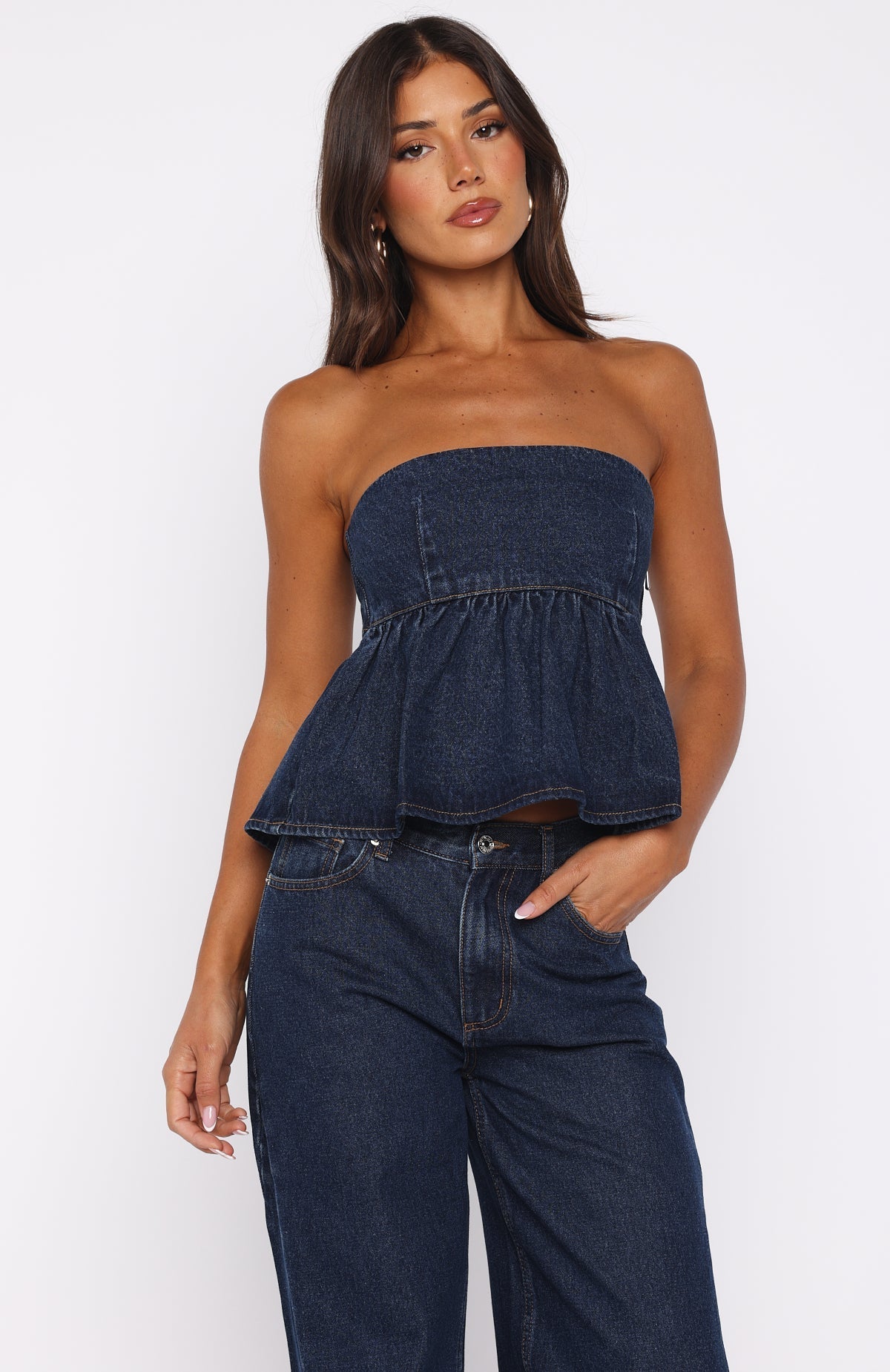 White Fox Dedicated To Growth Denim Top Dark Blue