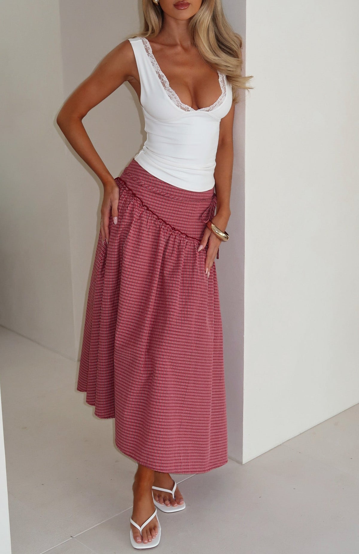 White Fox Feeling Groovy Maxi Skirt Red Gingham