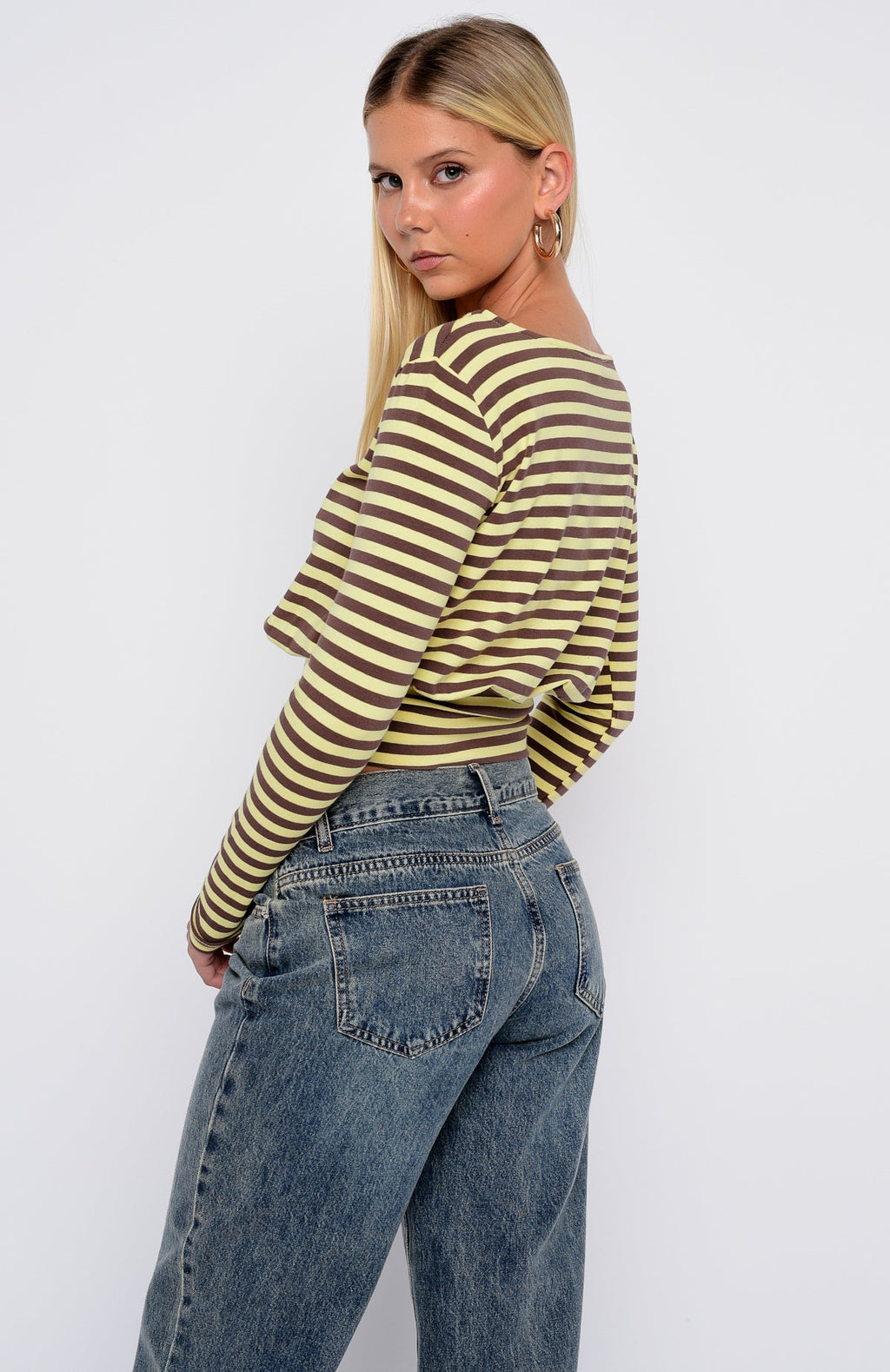 White Fox Catch My Heart Cinched Waist Long Sleeve Top Chocolate/Banana Stripe