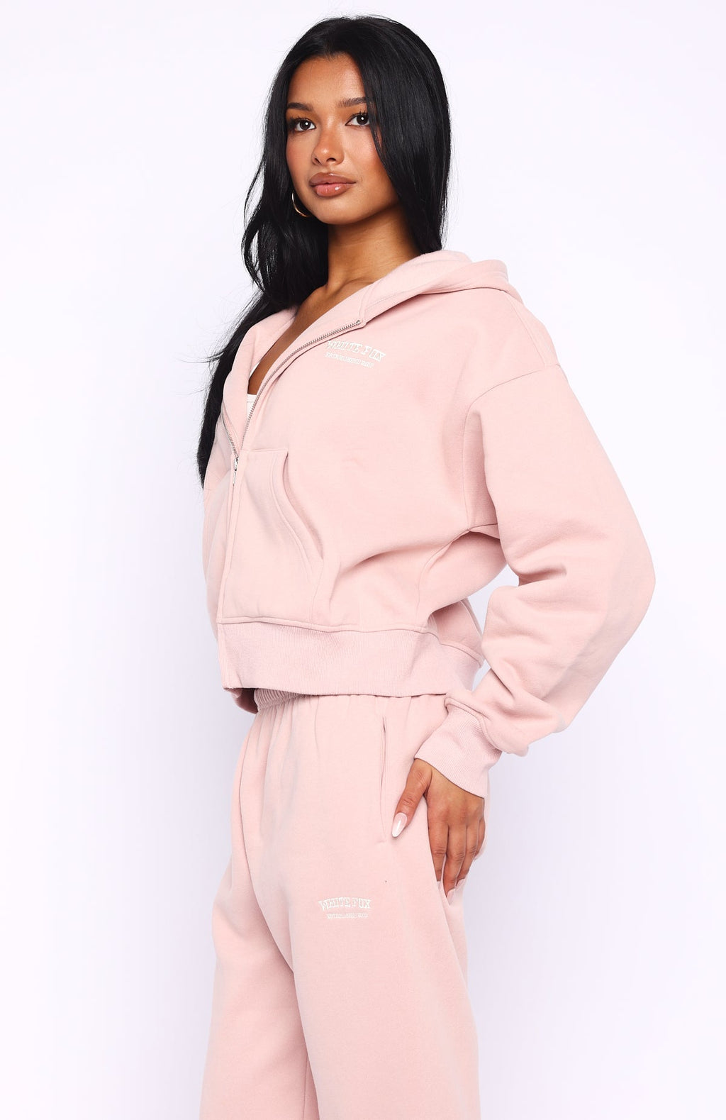 White Fox Can't Miss It Boxy Zip Front Hoodie Dusty Pink