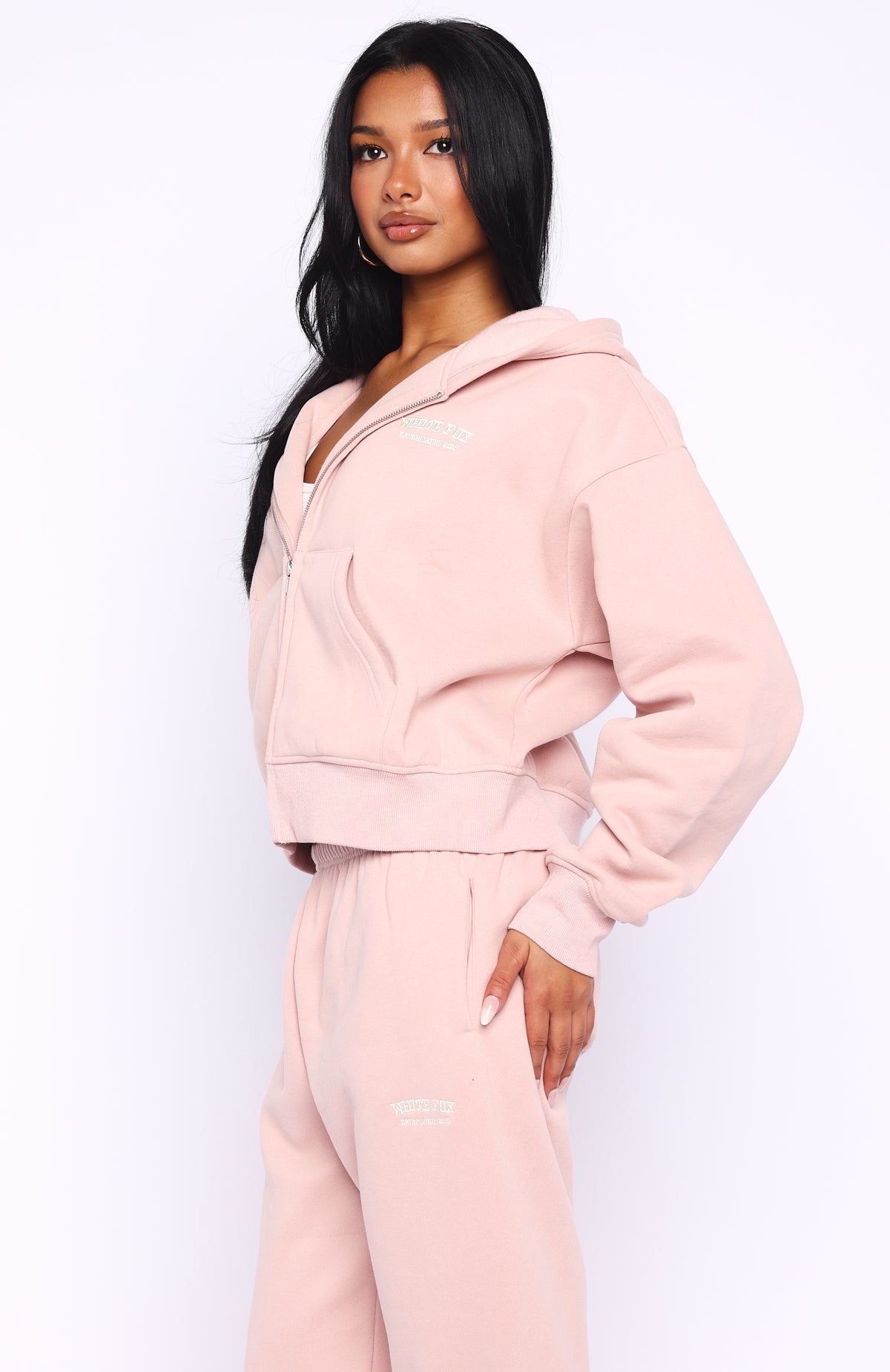 White Fox Can't Miss It Boxy Zip Front Hoodie Dusty Pink