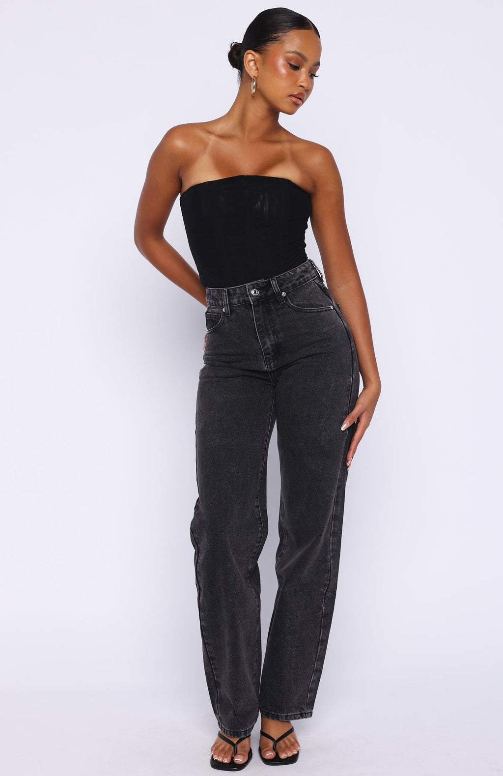White Fox Born To Shine High Waisted Barrel Jeans Black Acid