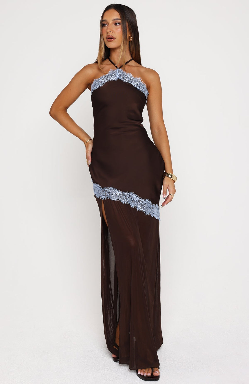 White Fox Perfect For You Halter Maxi Dress Dark Chocolate/Powder Blue