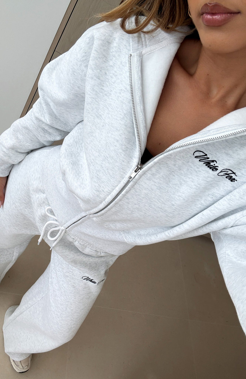 White Fox Wishing For It Cropped Cinched Zip Front Hoodie Grey Marle