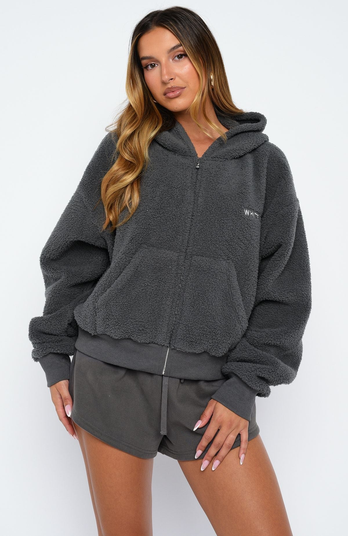 White Fox Always First Teddy Borg Boxy Zip Front Hoodie Charcoal