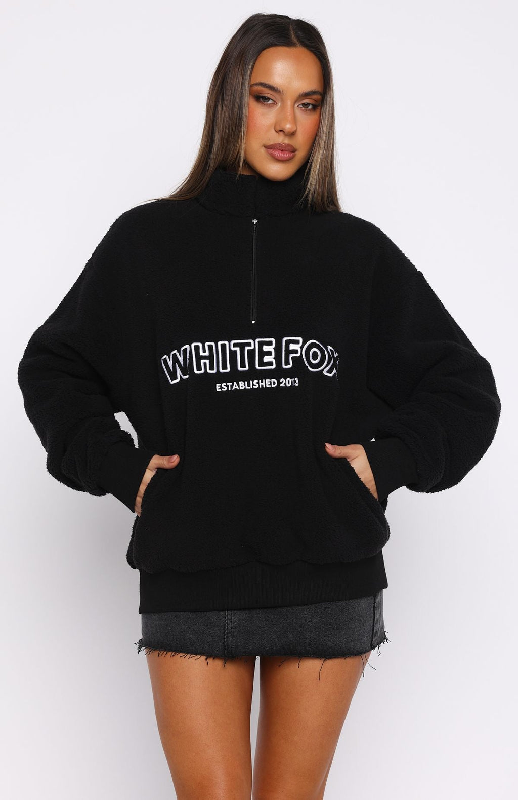 White Fox Hard To Stay Focused Teddy Borg Zip Front Sweater Black