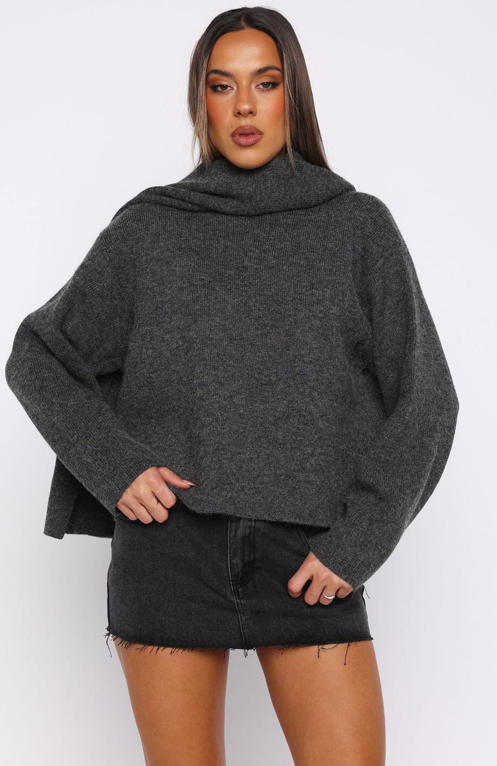 White Fox Luxe Layers Knit Sweater Charcoal