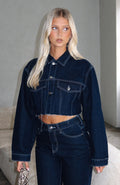 White Fox Something To Prove Cropped Denim Jacket Dark Indigo