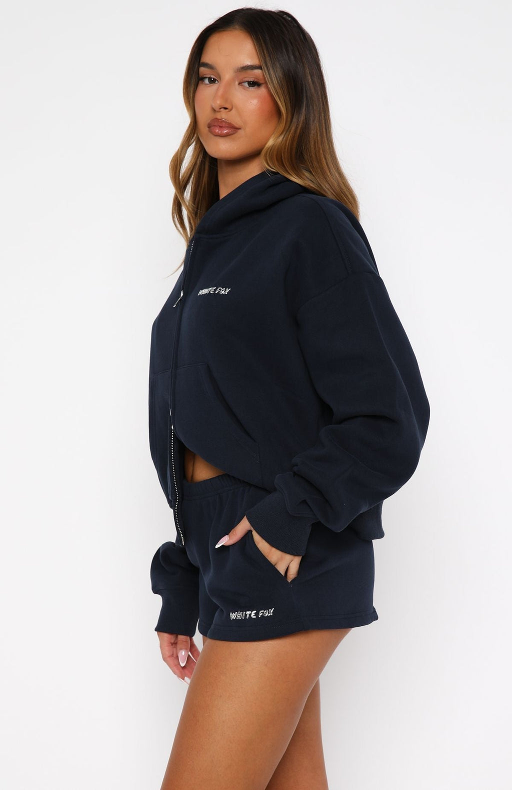 White Fox Test Drive Boxy Zip Front Hoodie Dark Navy