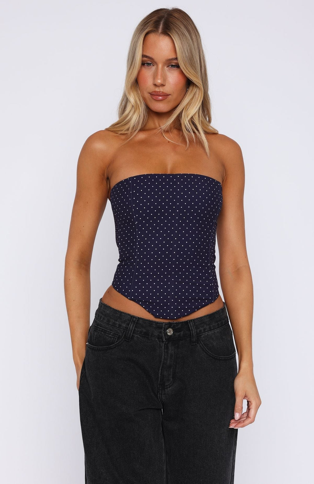 White Fox Let It Go Strapless Bustier Navy Polka Dot