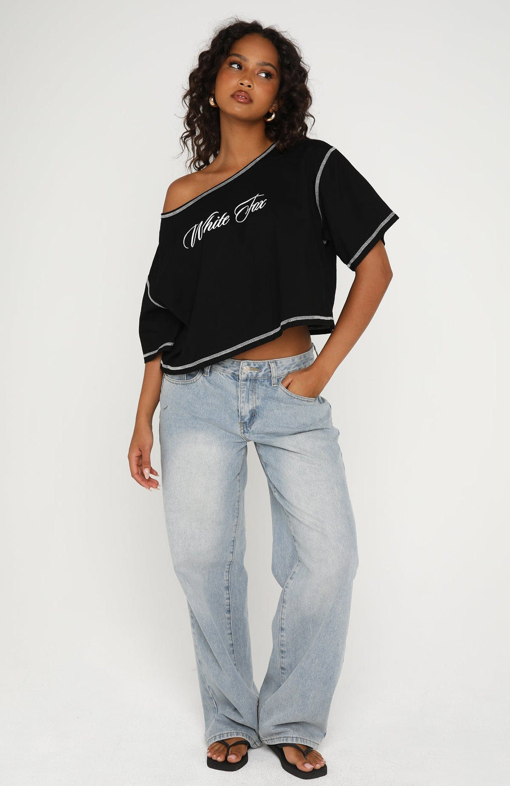 White Fox Need More Time Off Shoulder Oversized Tee Black