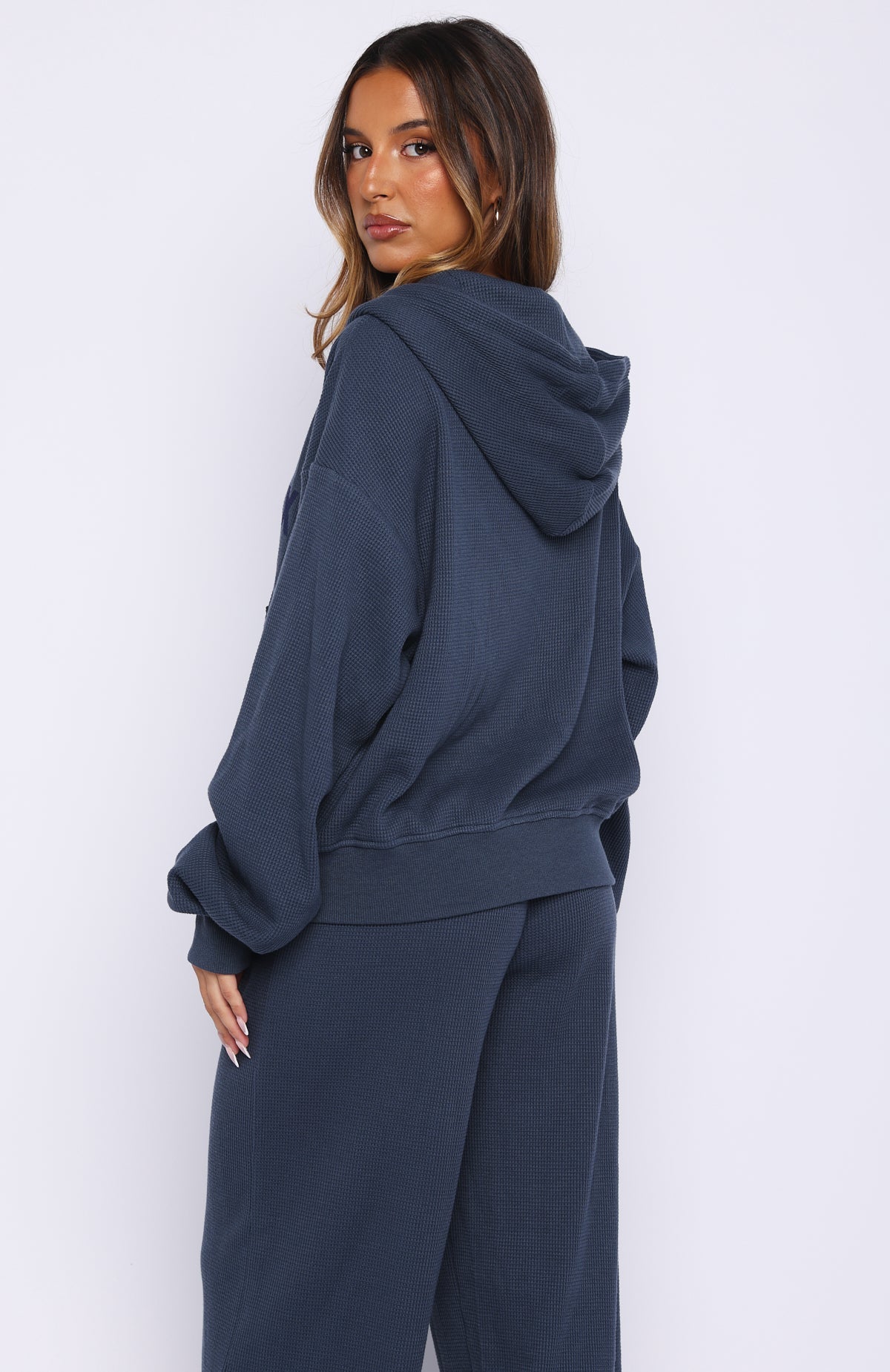 White Fox Leave Me Out Of It Waffle Boxy Zip Front Hoodie Navy