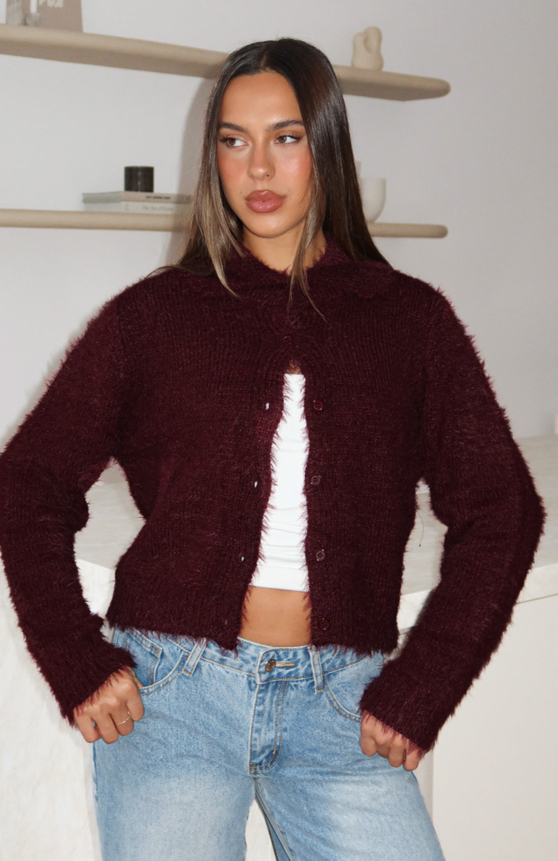 White Fox Chill Luxe Knit Cardigan Merlot