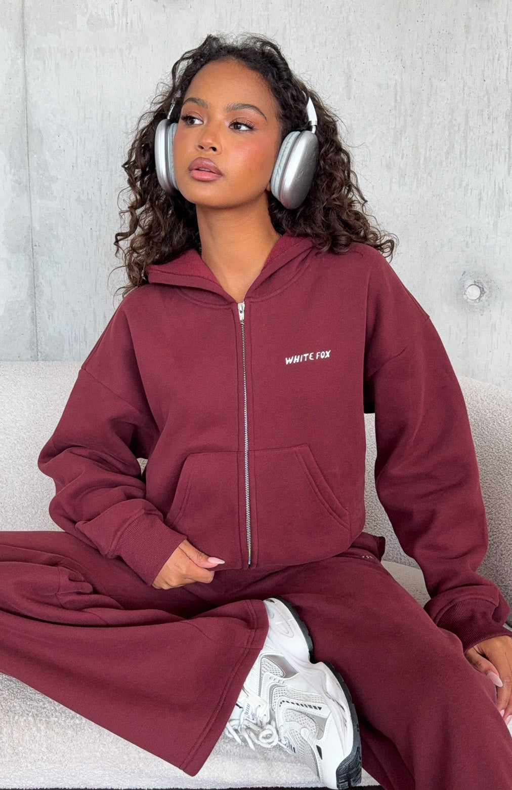White Fox Test Drive Boxy Zip Front Hoodie Dark Cherry