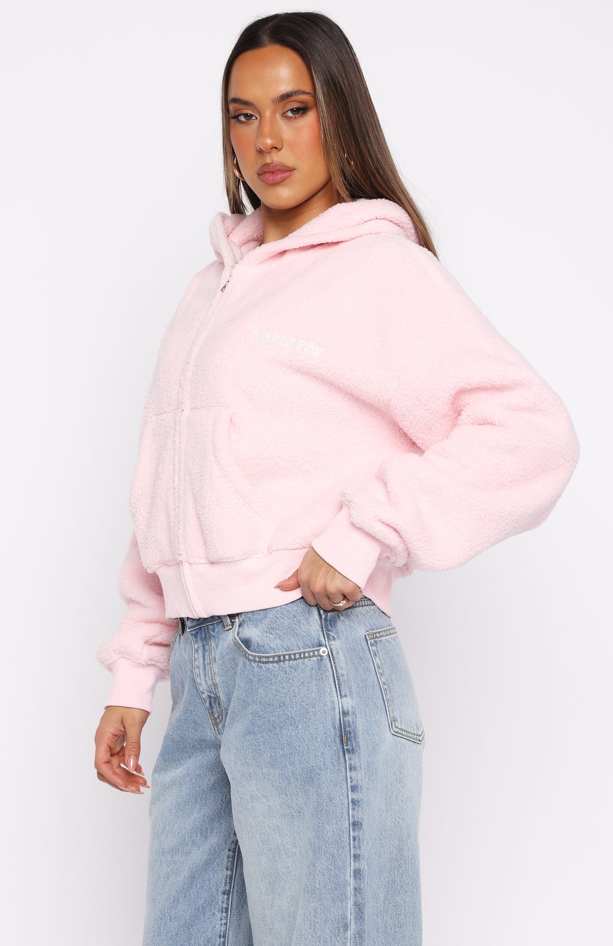 White Fox Always First Teddy Borg Boxy Zip Front Hoodie Pink