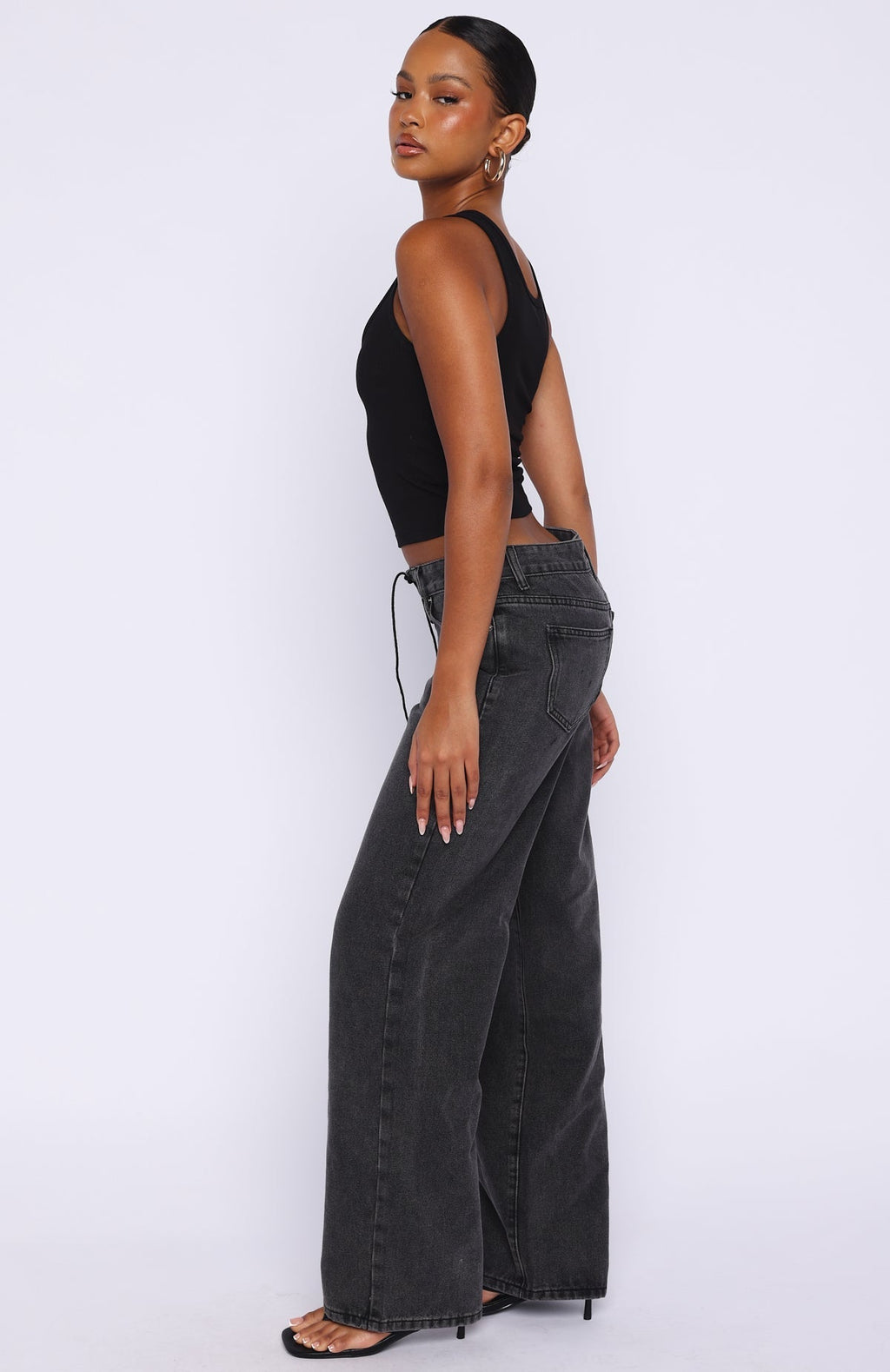 White Fox Making Appearances Mid Rise Lace Up Straight Leg Jeans Black Acid Wash