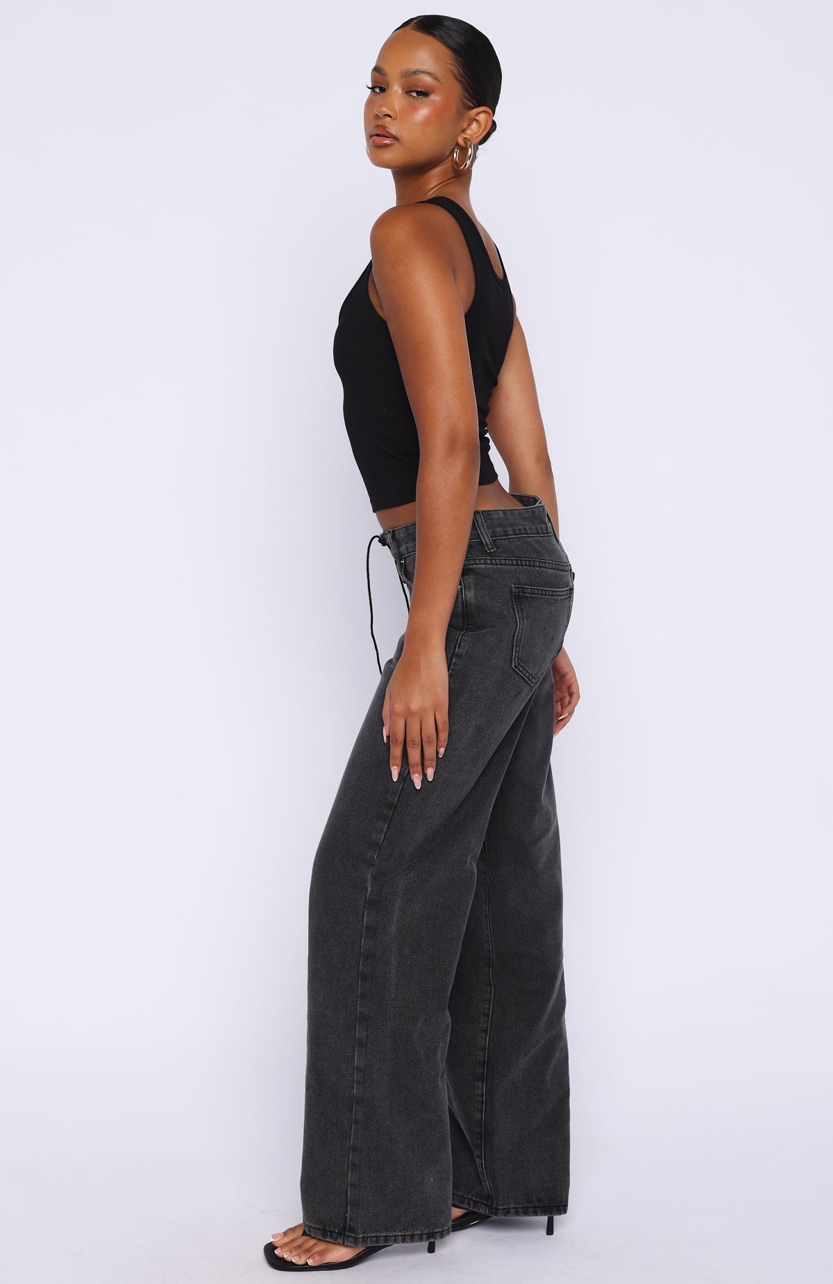 White Fox Making Appearances Mid Rise Lace Up Straight Leg Jeans Black Acid Wash