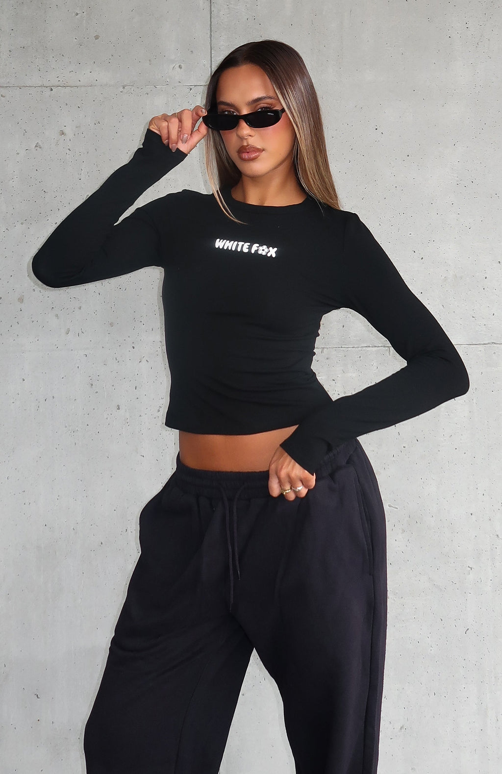 White Fox Love Addiction Long Sleeve Baby Tee Black
