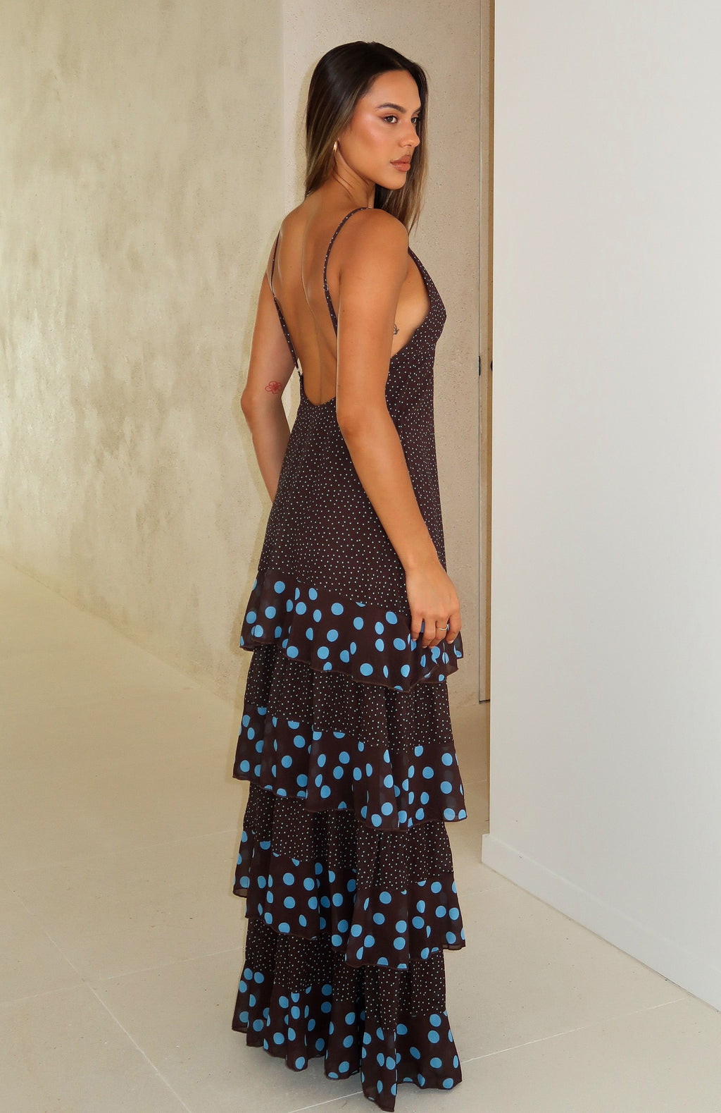 White Fox Princess Maxi Dress Chocolate/Blue Polka Dot