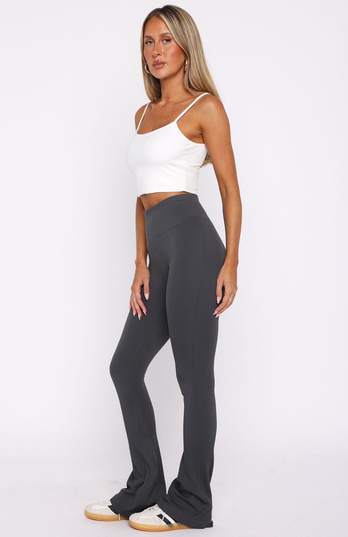 White Fox Scared To Confess Seamless Ribbed Flare Pants Charcoal