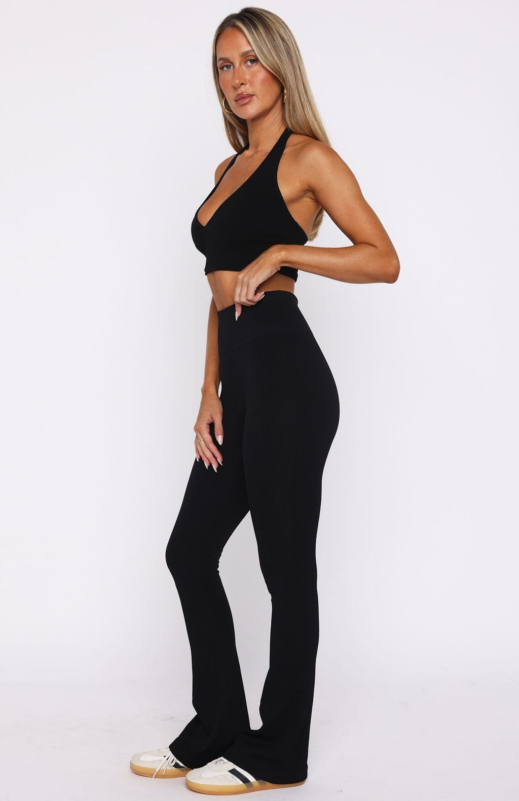 White Fox Scared To Confess Seamless Ribbed Flare Pants Black