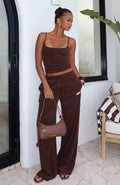 White Fox Causing Commotion Terry Wide Leg Sweatpants Chocolate