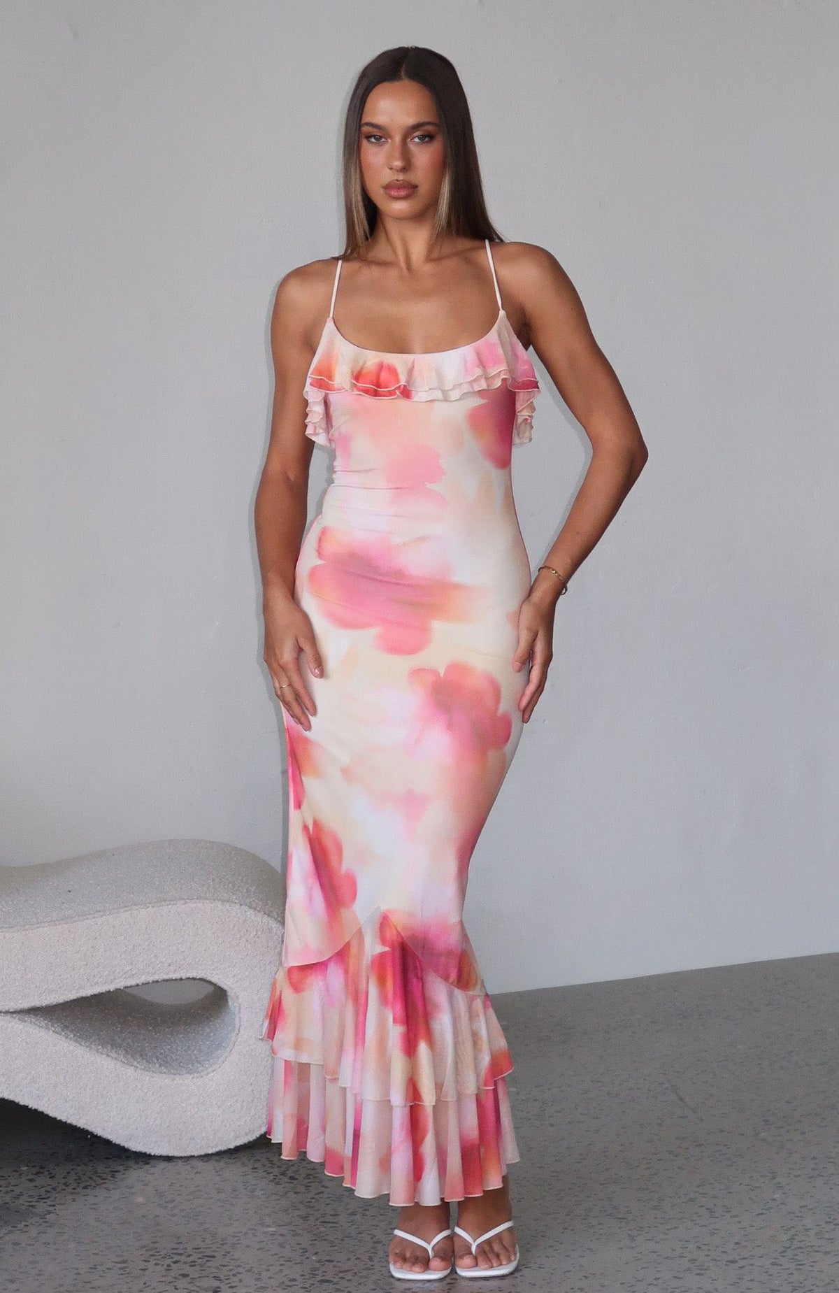 White Fox Amped Up Midi Dress Honeydew Floral