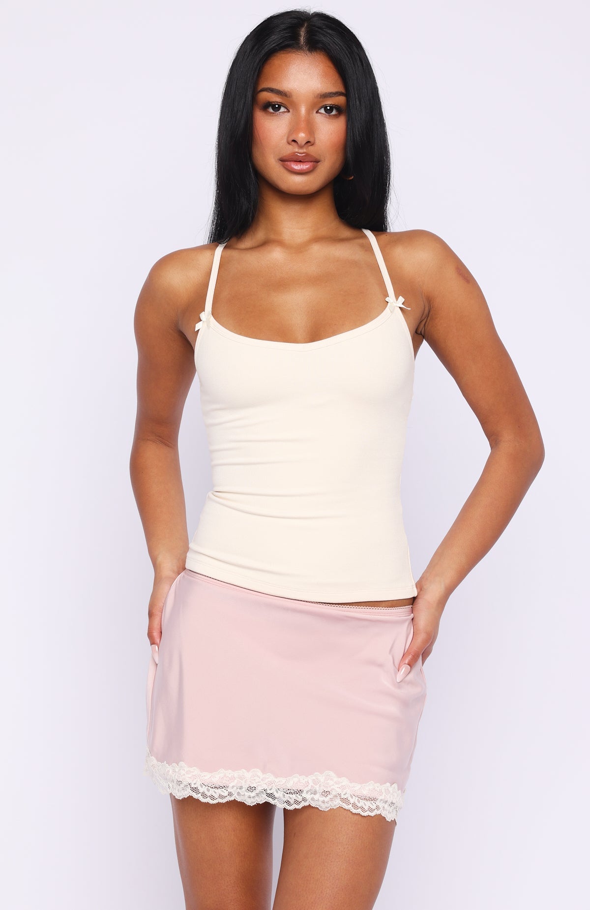 White Fox Too Cute To Care Bow Trim Cami Top Cream