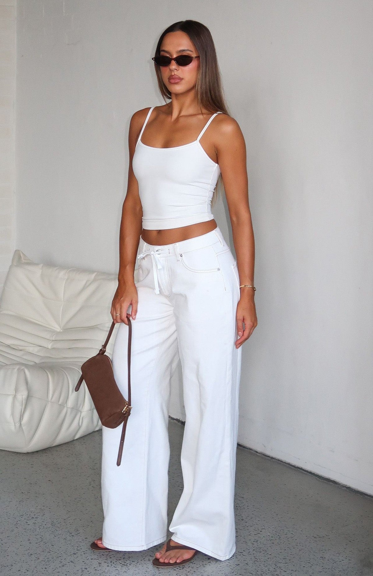 White Fox Kendall Mid Rise Wide Leg Jeans Off White