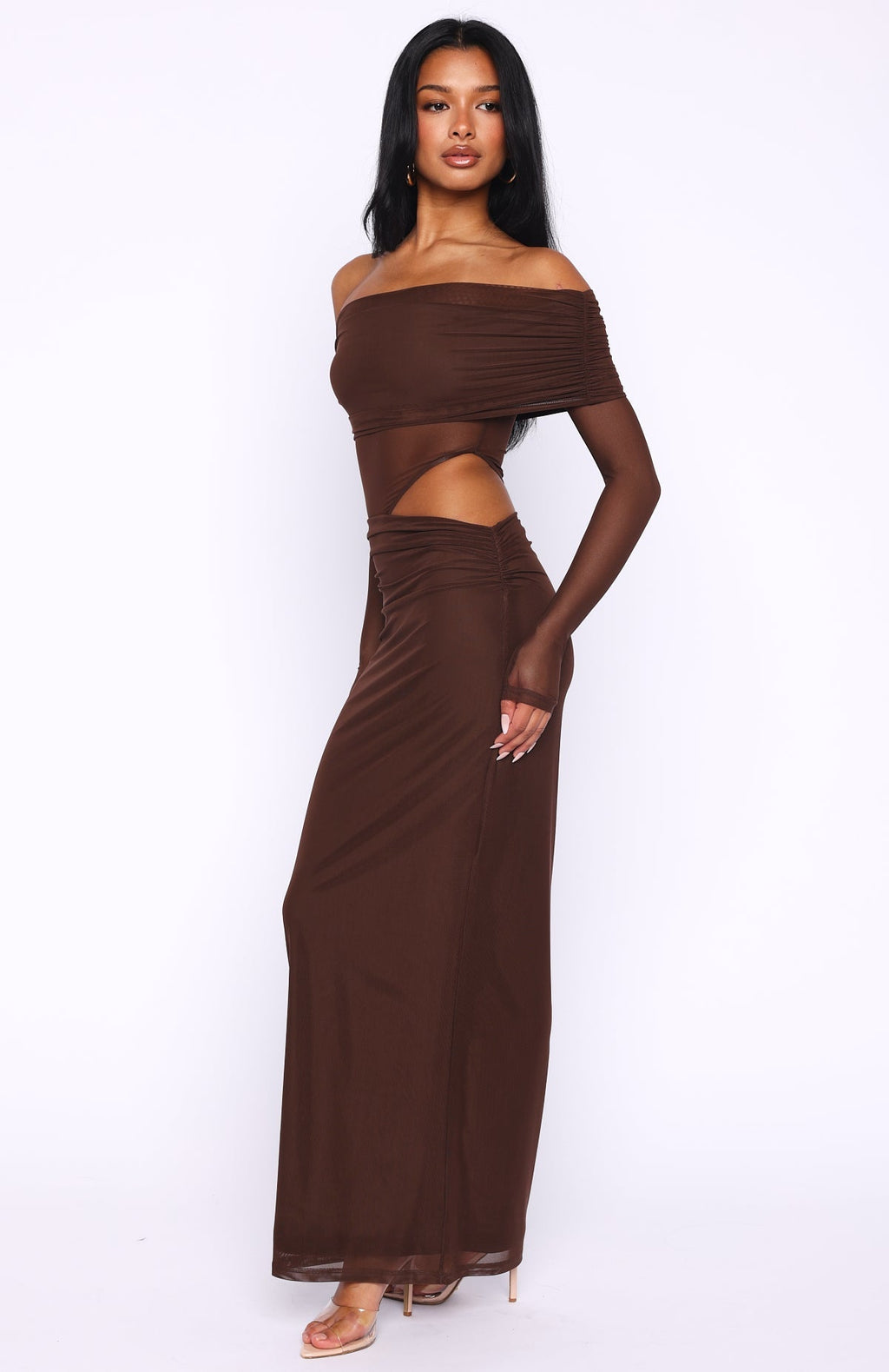 White Fox Take Another Look Long Sleeve Maxi Dress Chocolate
