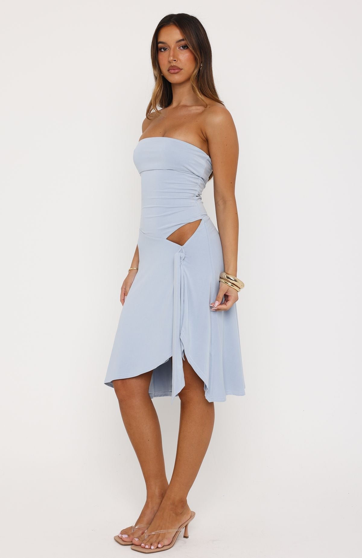 White Fox All Eyes Here Strapless Midi Dress Baby Blue