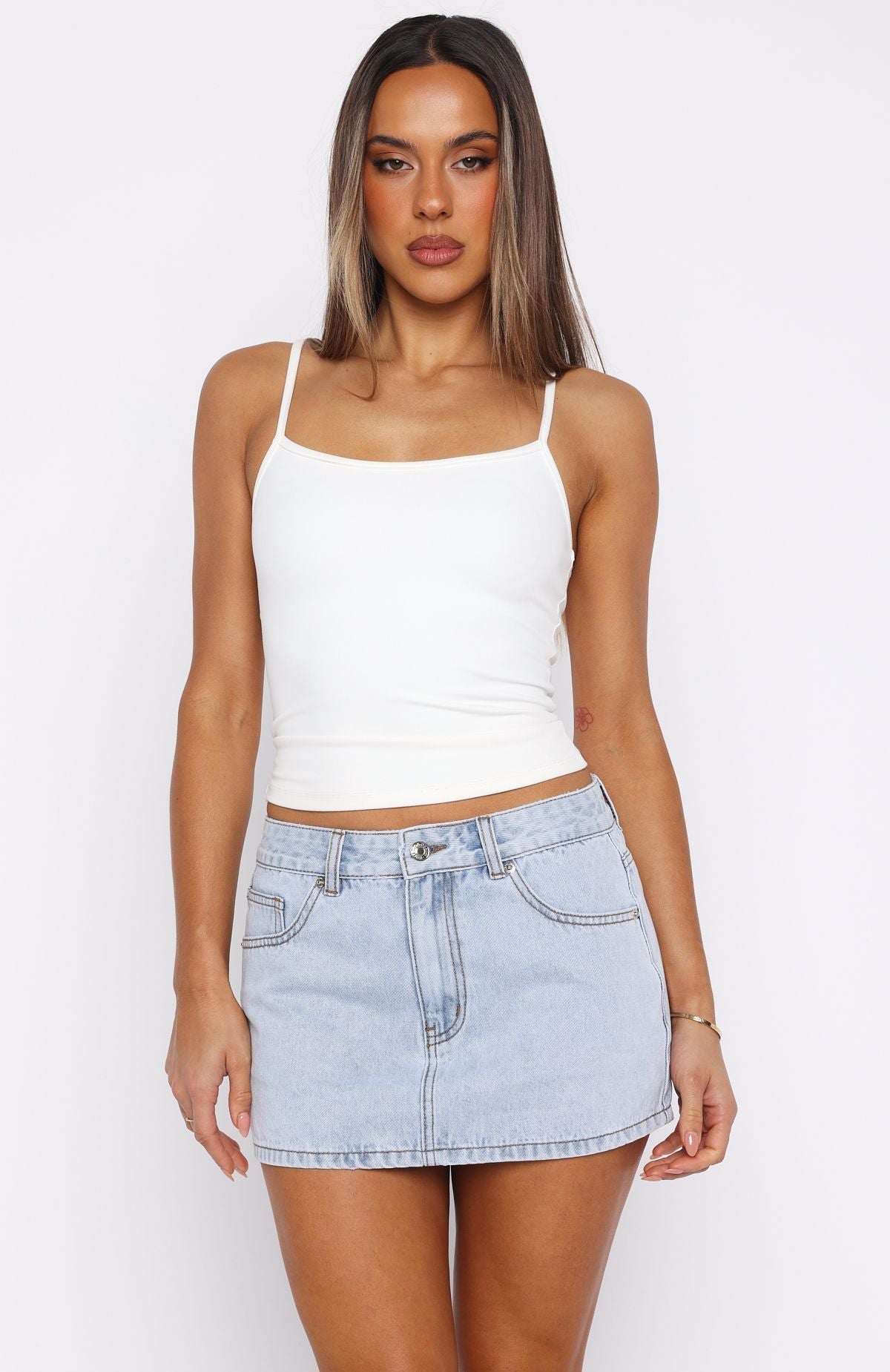 White Fox About A Girl Mid Rise Denim Mini Skirt Mid Blue