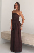 White Fox Bittersweet Babe Strapless Broderie Maxi Dress Chocolate