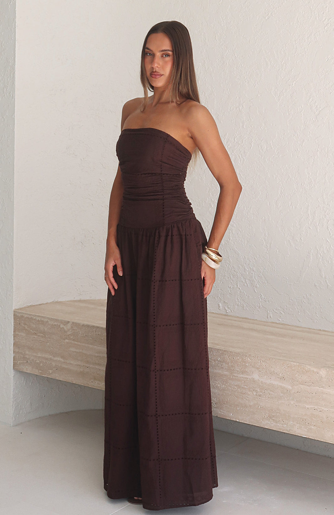 White Fox Bittersweet Babe Strapless Broderie Maxi Dress Chocolate