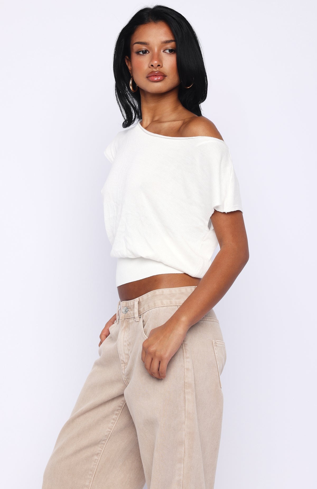 White Fox Can't Change My Mind Off Shoulder Cinched Top Off White